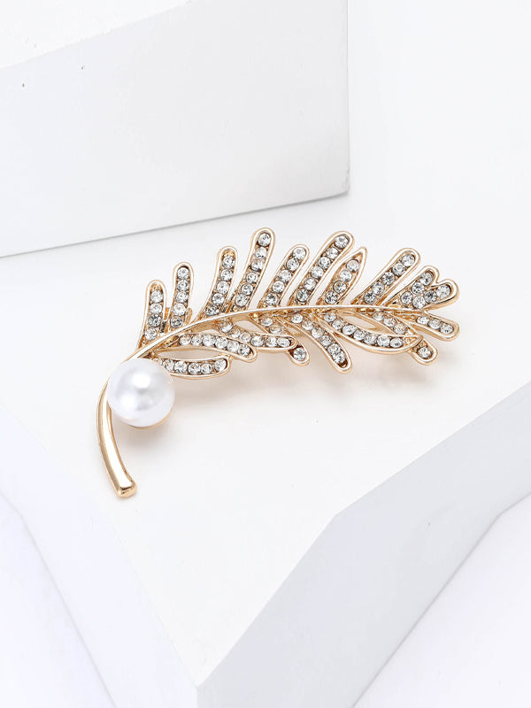 Alloy Rhinestone Feather Brooch