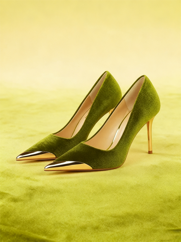 Velvet High Heels with Metallic Toe Cap