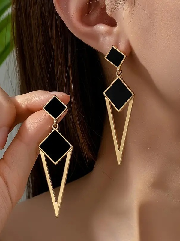 Black and Gold Geometric Teardrop Earrings