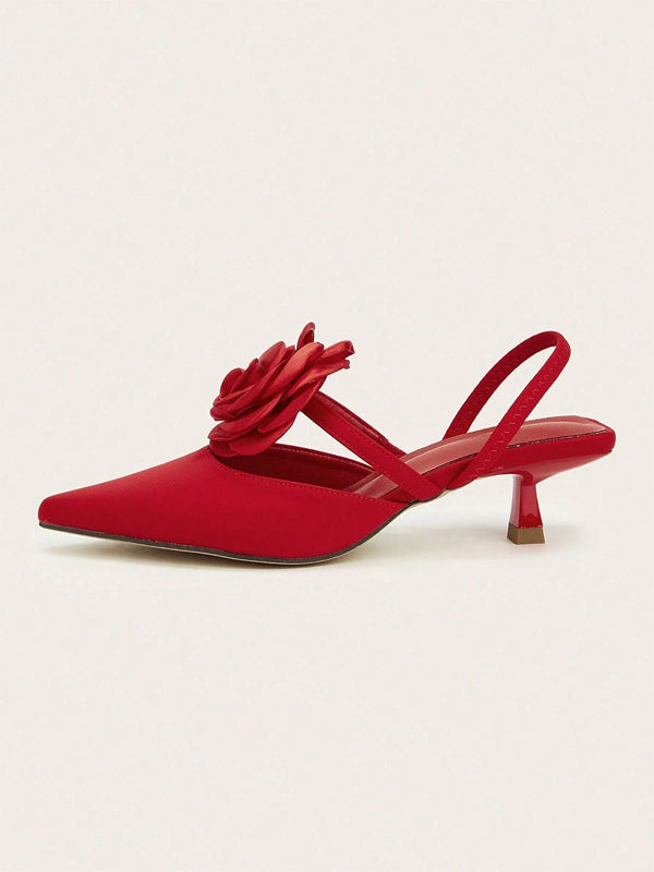 Solid Color Pointed Toe Stiletto Heels With Floral Embellishments