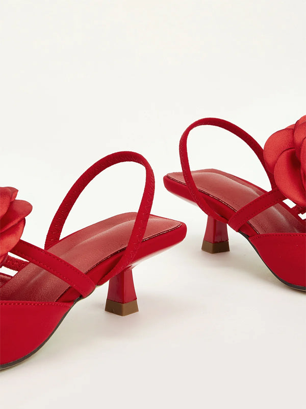 Solid Color Pointed Toe Stiletto Heels With Floral Embellishments
