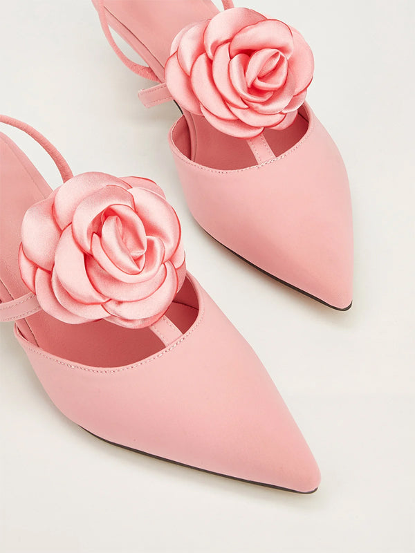 Solid Color Pointed Toe Stiletto Heels With Floral Embellishments