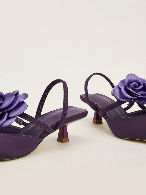Solid Color Pointed Toe Stiletto Heels With Floral Embellishments