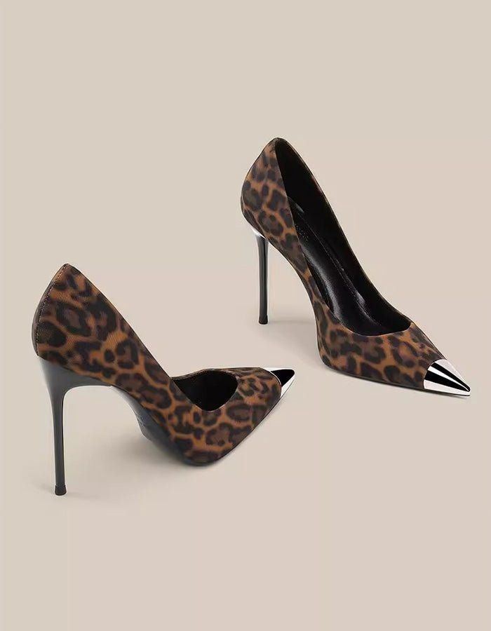 Metallic Pointed Toe Leopard Print High Heels