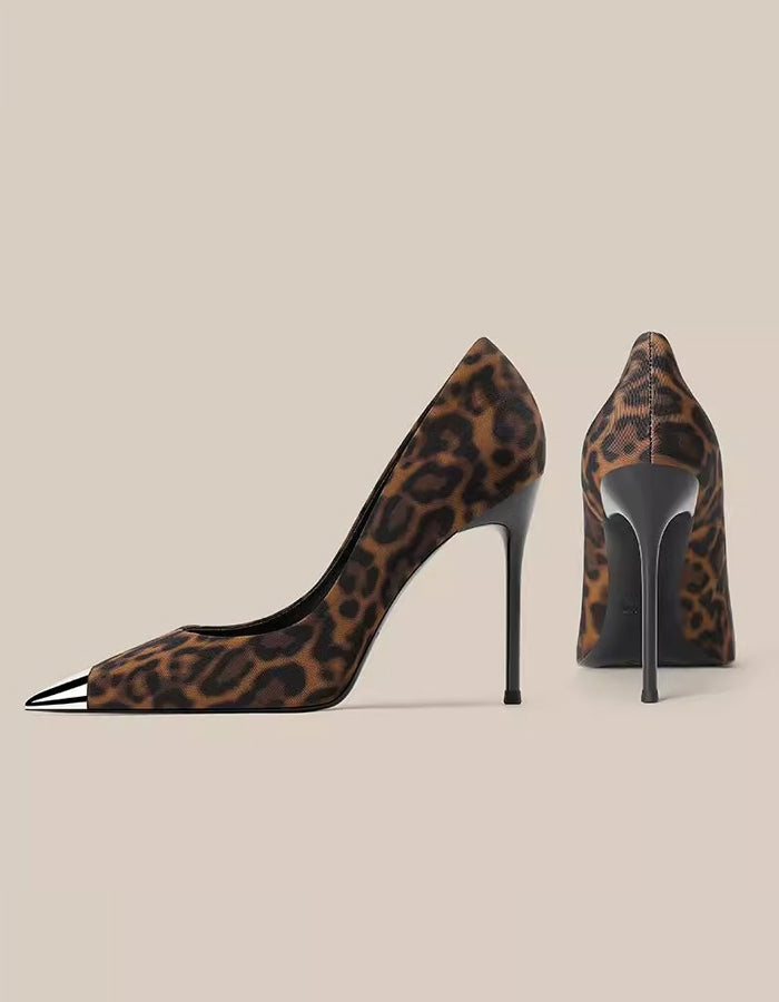 Metallic Pointed Toe Leopard Print High Heels