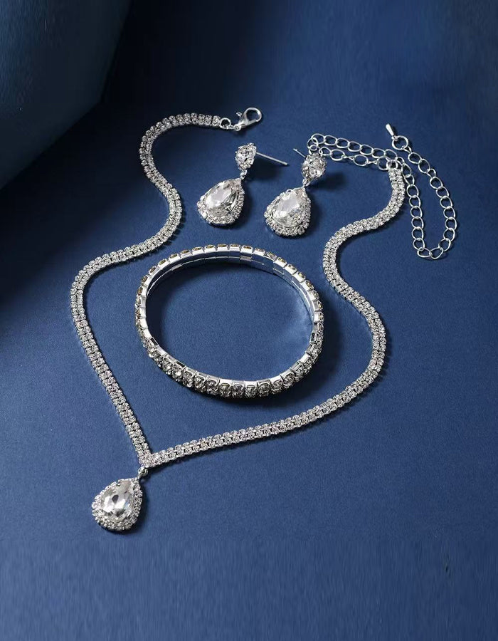 Double Dip Rhinestone Necklace Earrings And Bracelet 3-Piece Set