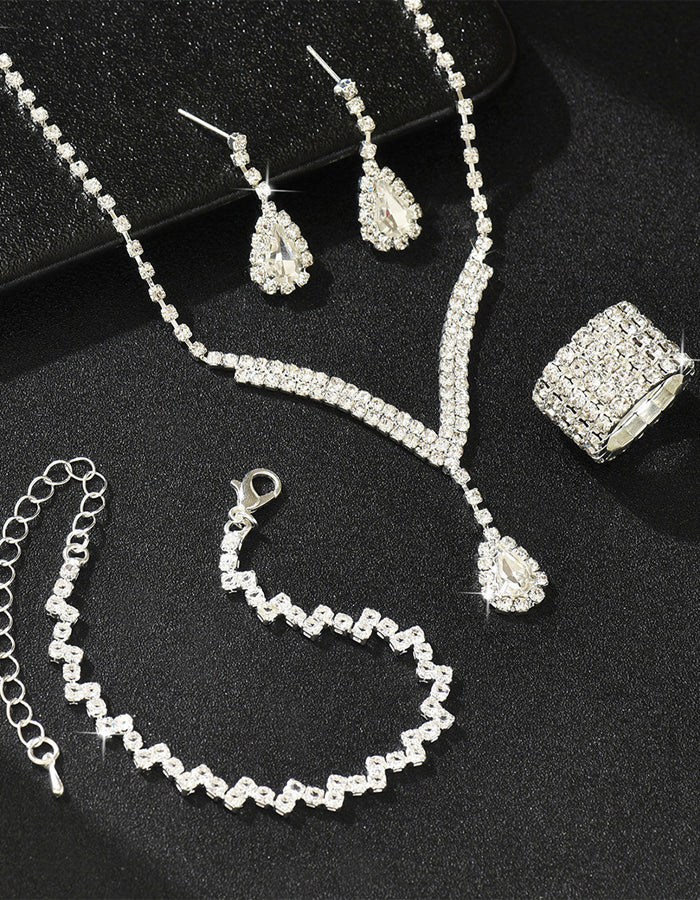 Water Droplet Necklace Earrings Bracelet And Ring 4-piece Set