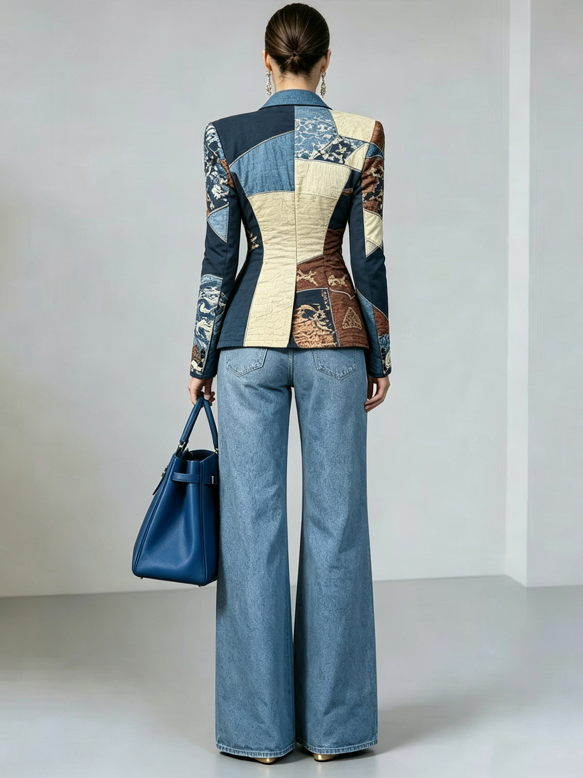 Blue Printed Single Breasted Blazer With Peak Lapels And Flared Pants 2-Piece Suit
