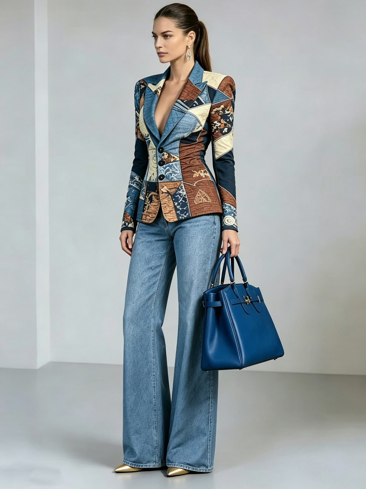 Blue Printed Single Breasted Blazer With Peak Lapels And Flared Pants 2-Piece Suit