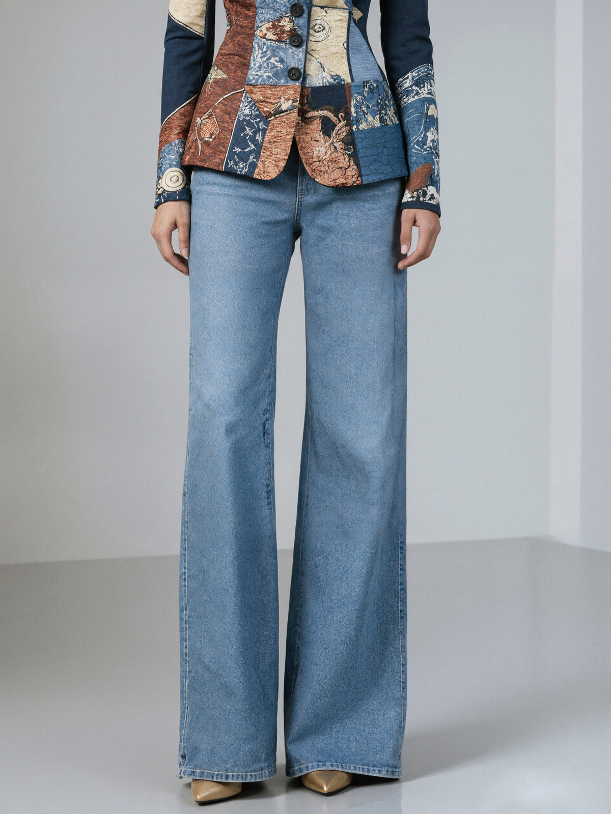 Blue Printed Single Breasted Blazer With Peak Lapels And Flared Pants 2-Piece Suit