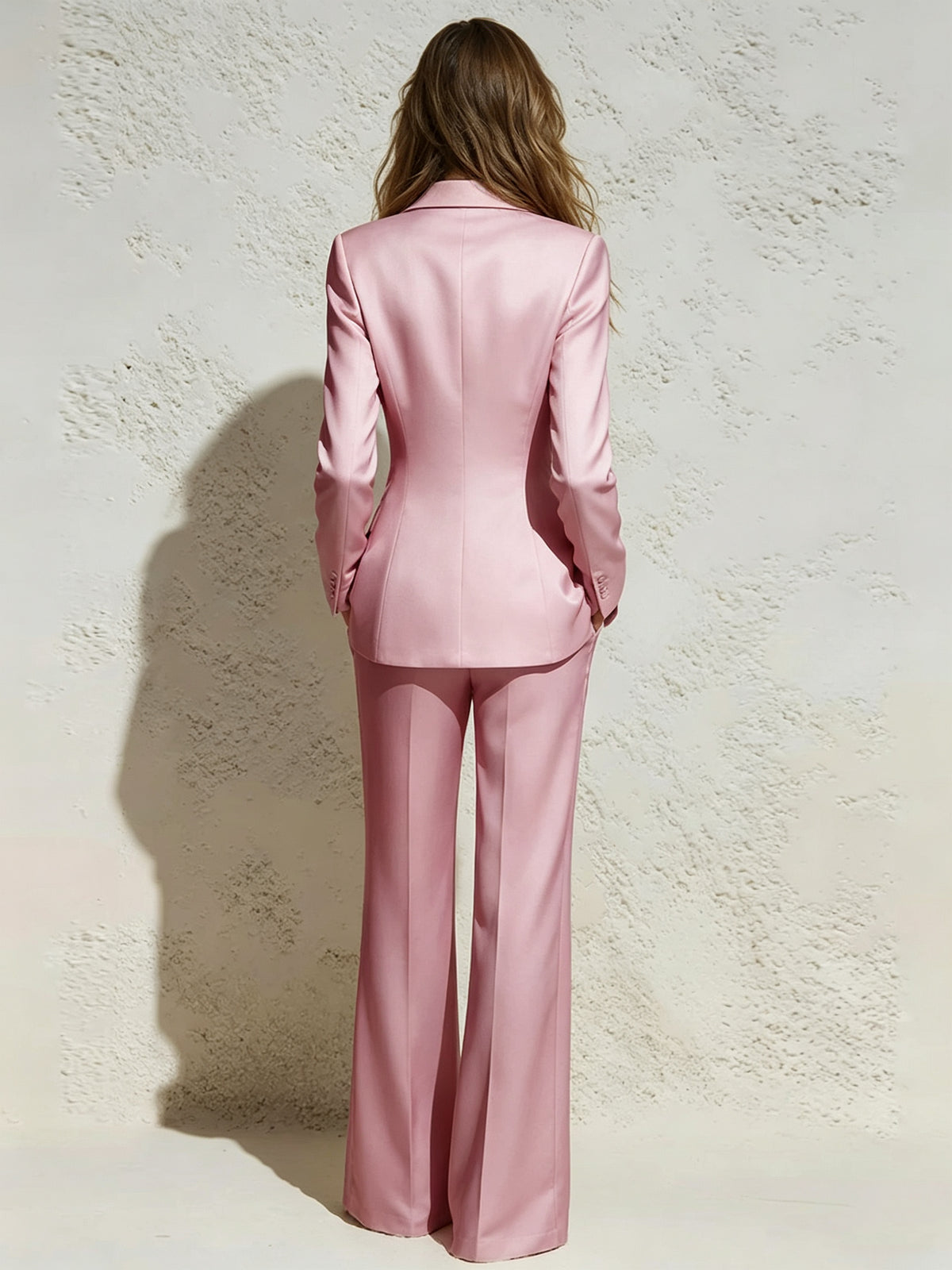 Pink Satin with Waist Tie Blazer and Wide Leg Pants 2-Piece Suit