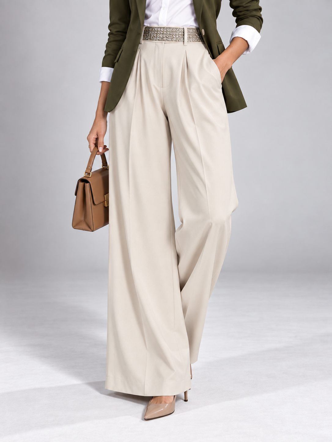 Olive Green Single Breasted Blazer And Beige Wide Leg Pants 2-Piece Suit