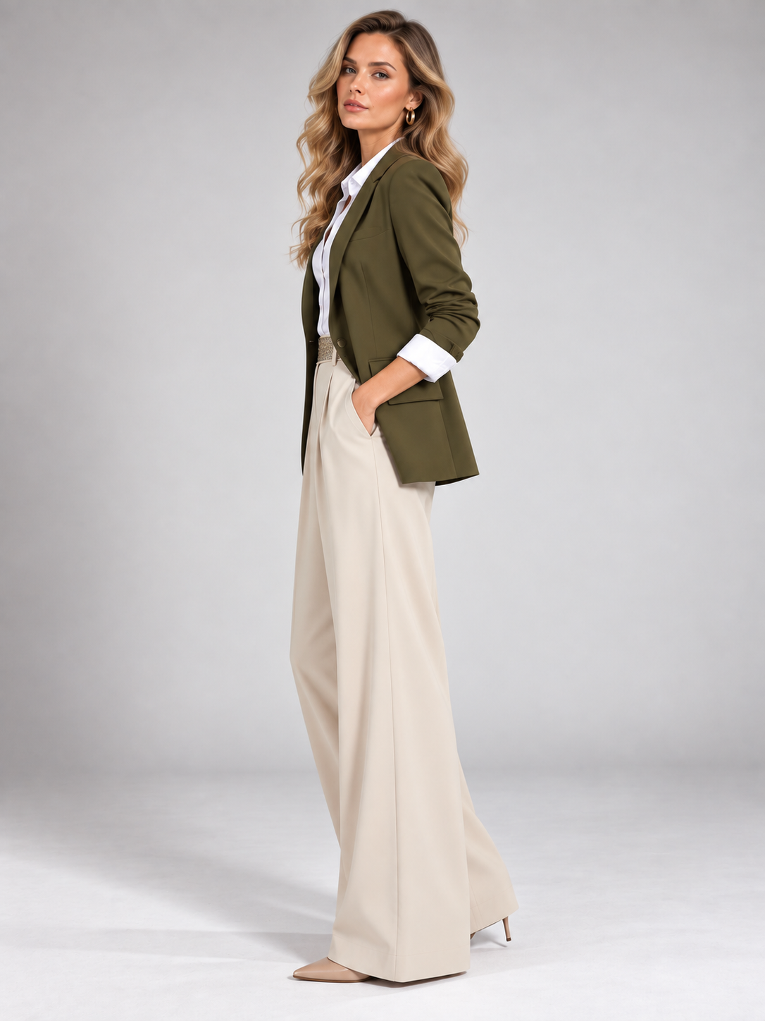 Olive Green Single Breasted Blazer And Beige Wide Leg Pants 2-Piece Suit