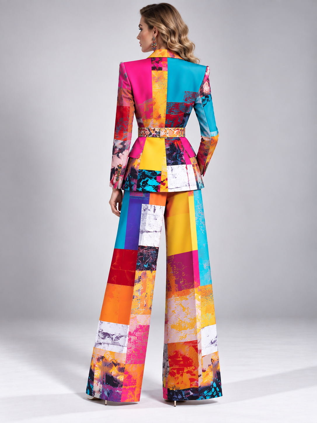 Colorful Single Breasted Blazer With Notch Lapels And Wide Leg Pants 2-Piece Suit