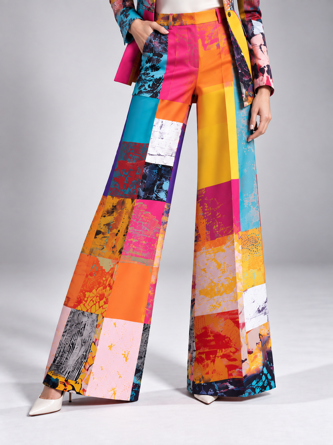 Colorful Single Breasted Blazer With Notch Lapels And Wide Leg Pants 2-Piece Suit