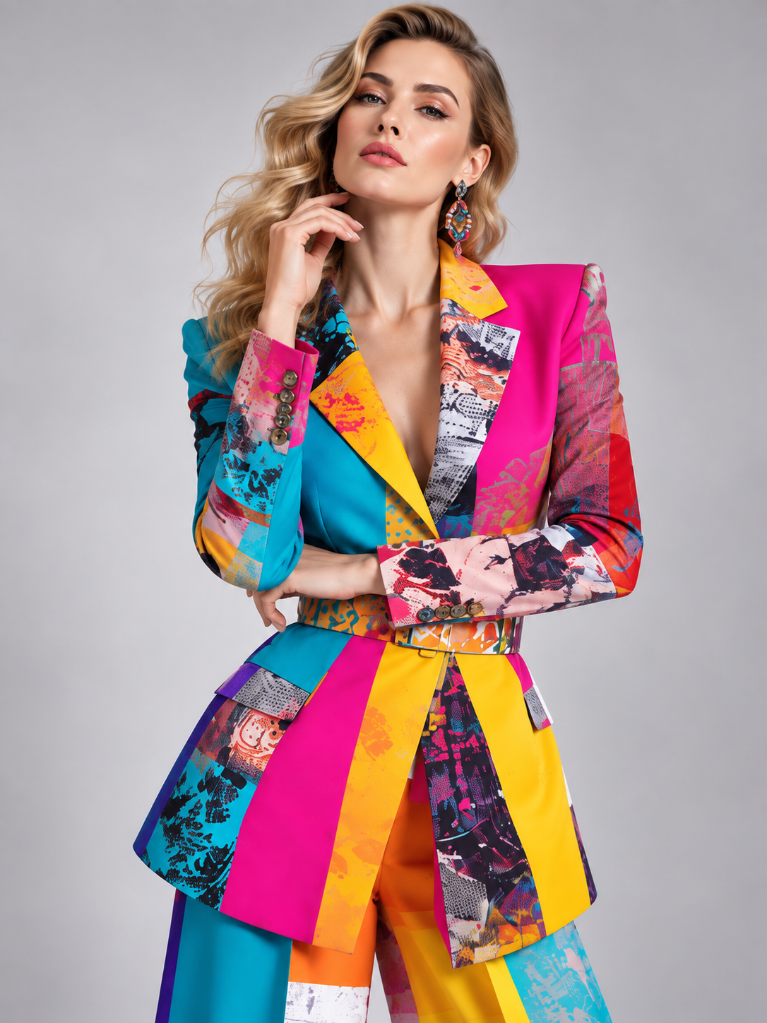 Colorful Single Breasted Blazer With Notch Lapels And Wide Leg Pants 2-Piece Suit
