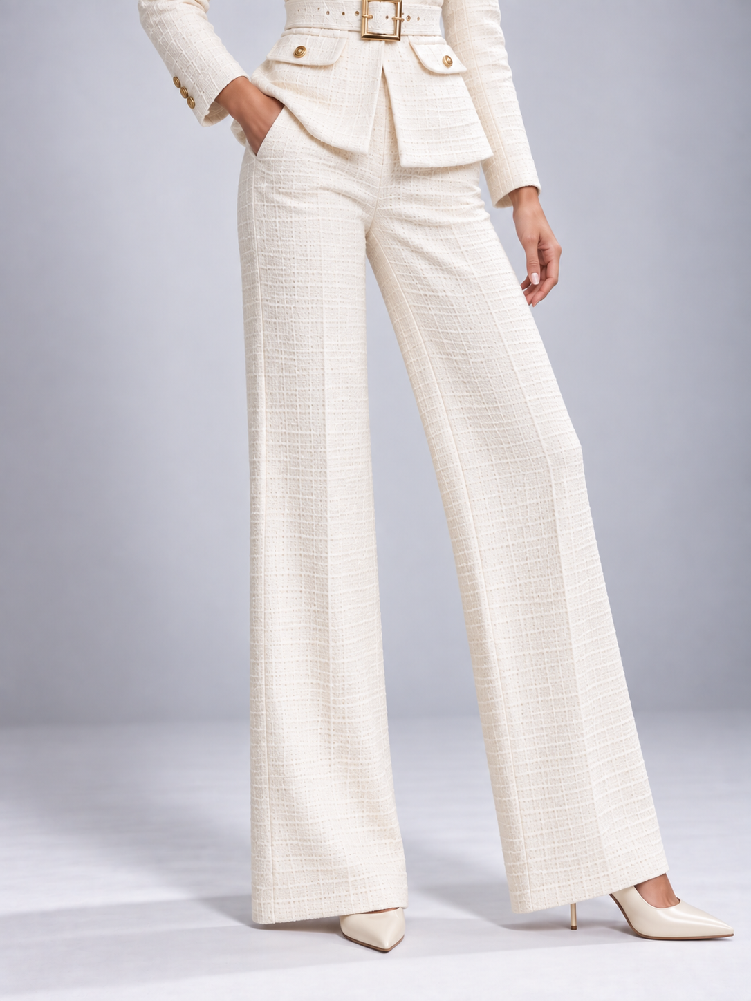 Cream-colored Single Breasted Blazer With Notch Lapels And Wide Leg Pants 2-Piece Suit