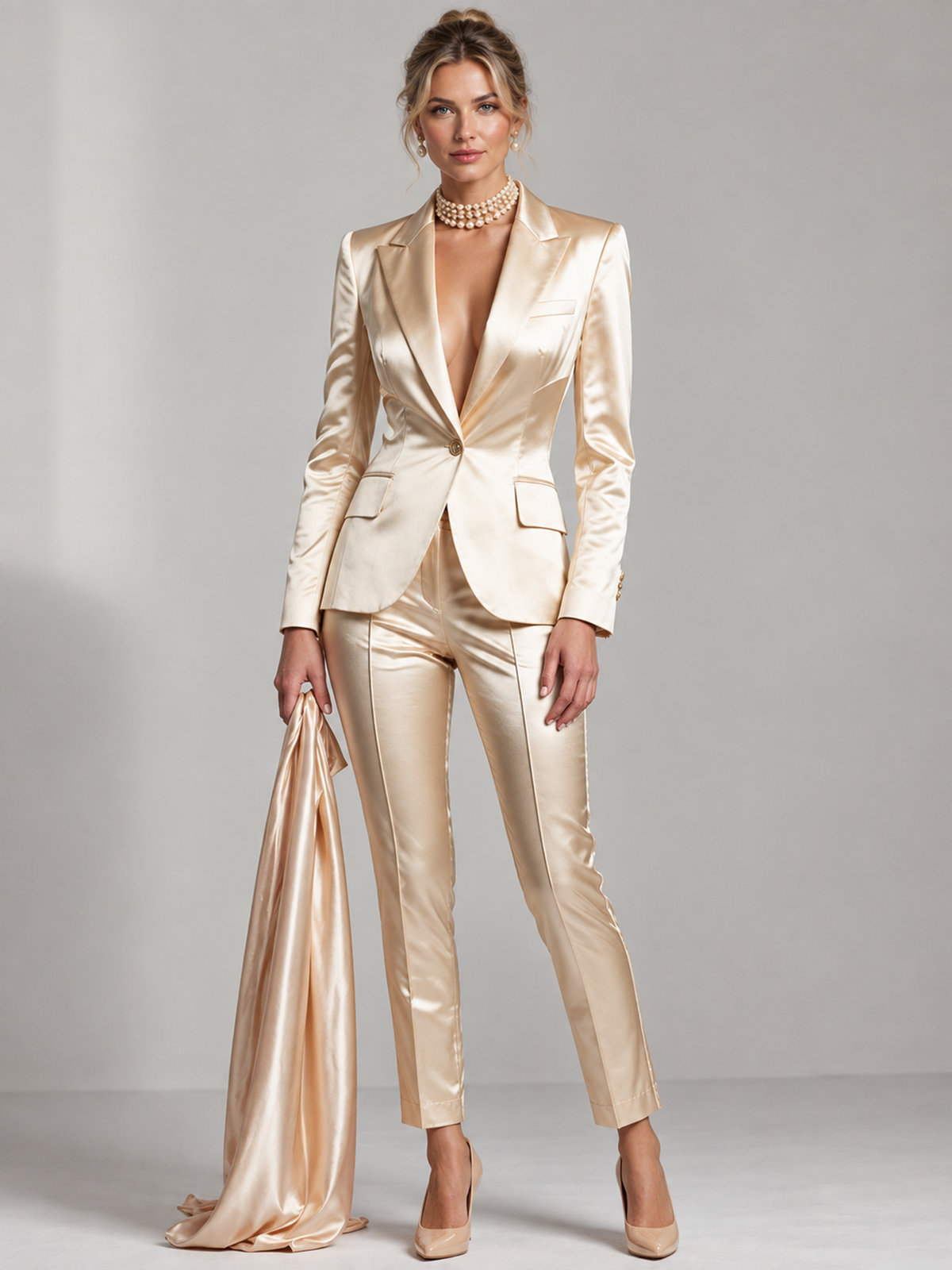 Champagne Satin Blazer With Notch Lapels And Straight-Leg Pants 2-Piece Suit