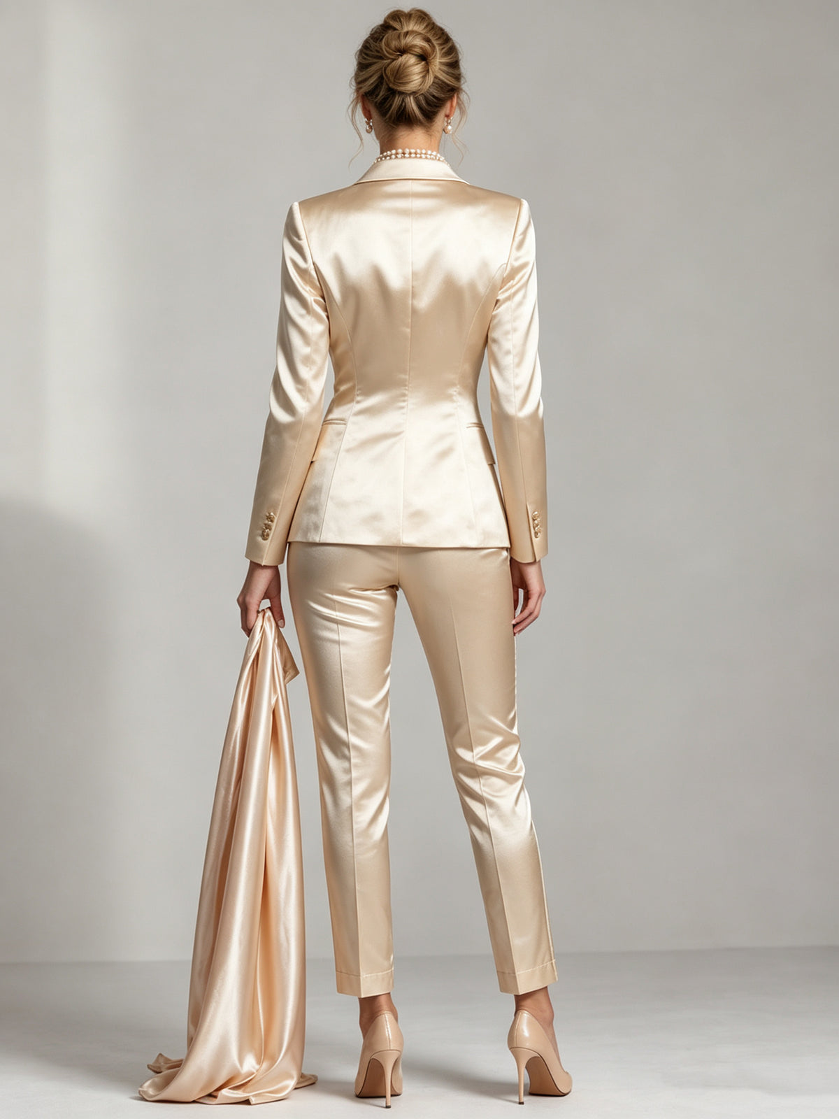 Champagne Satin Blazer With Notch Lapels And Straight-Leg Pants 2-Piece Suit