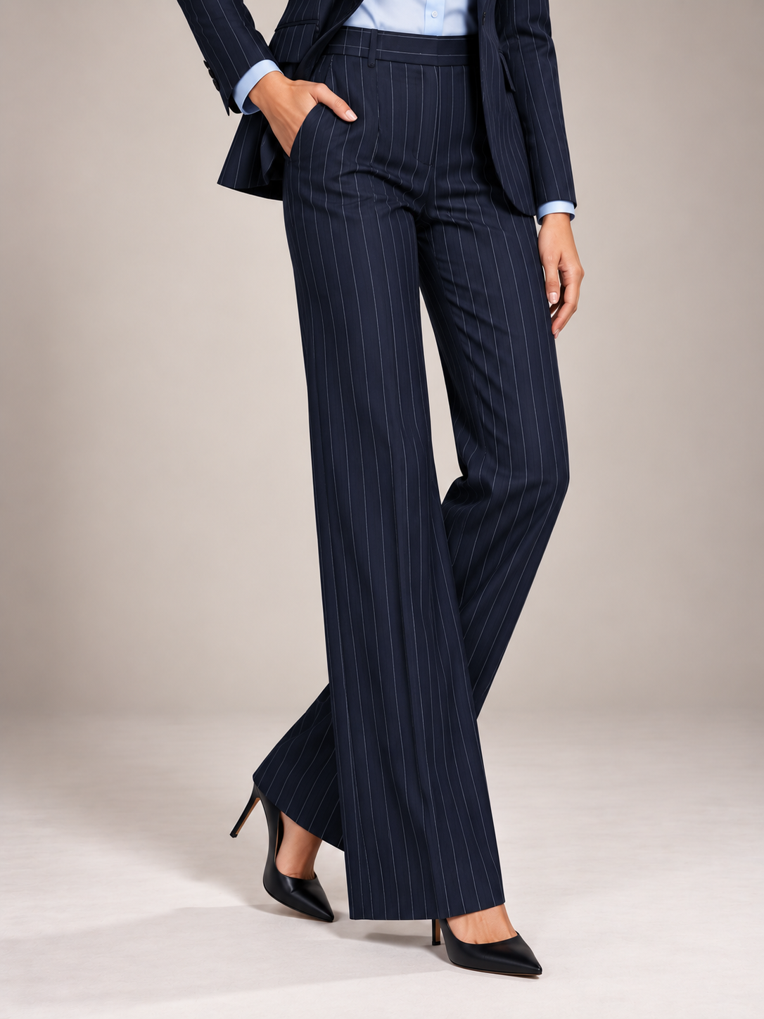Dark Blue Striped Peak Lapel Blazer And Straight Leg Pants 2-Piece Suit