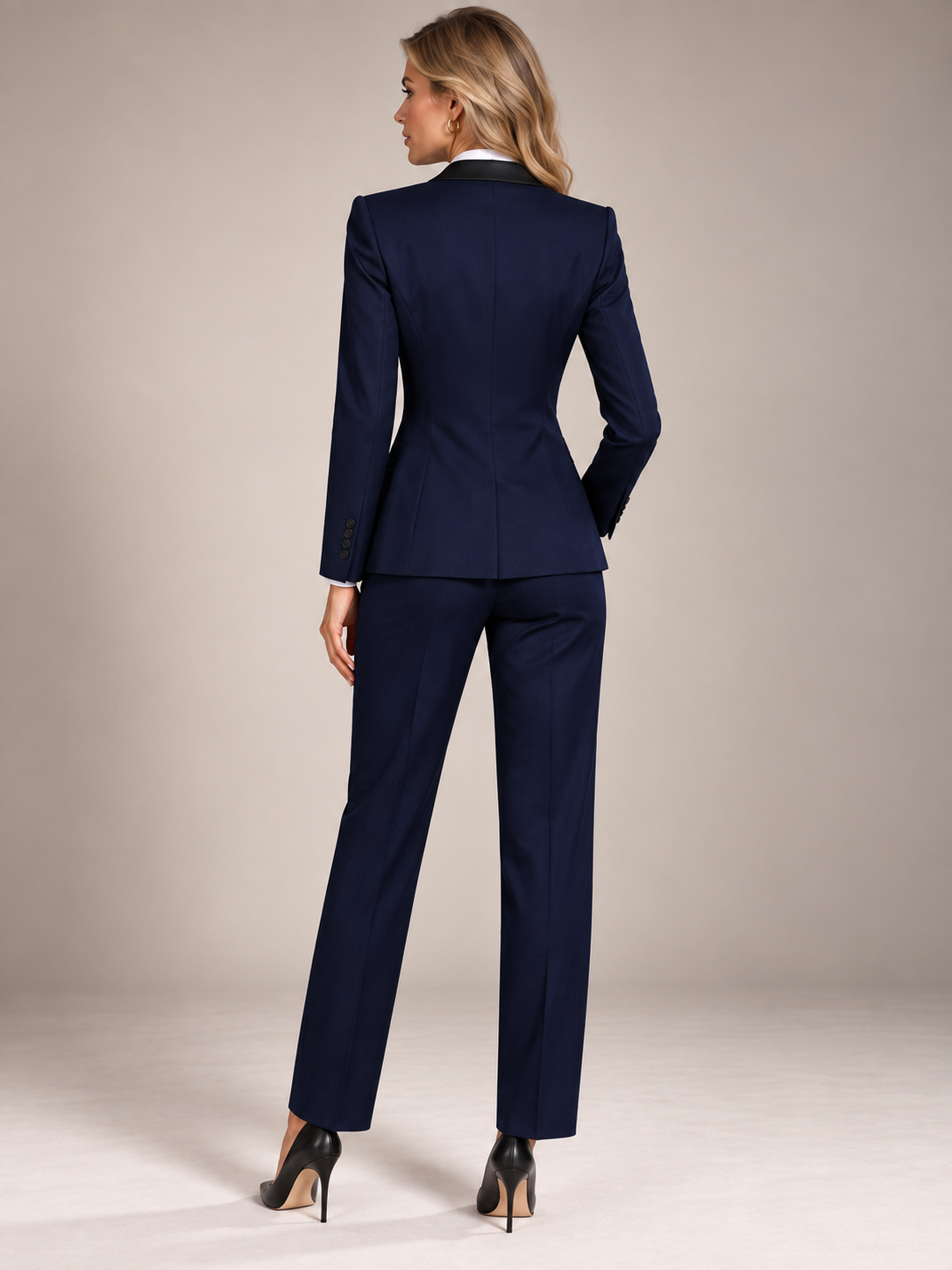 Navy Blue Shawl Collar Blazer & Vast And Cropped Tapered Pants 3-Piece Suit
