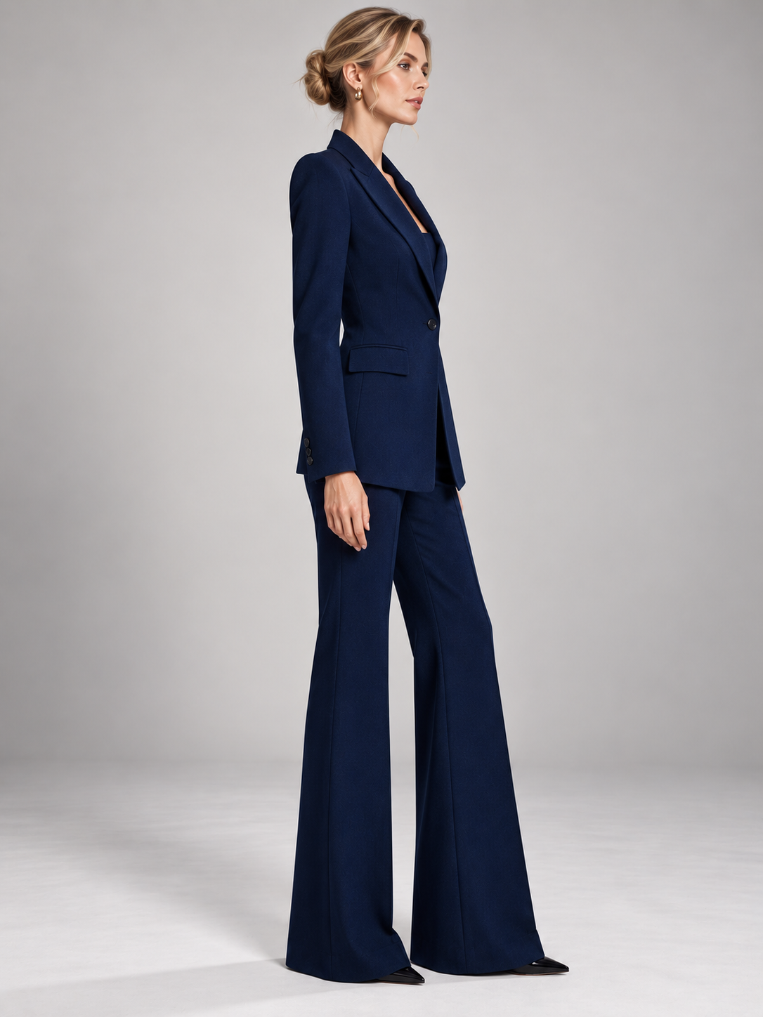 Dark Blue Single Breasted Blazer With Peak Lapels And Slightly Flared Pants 2-Piece Suit