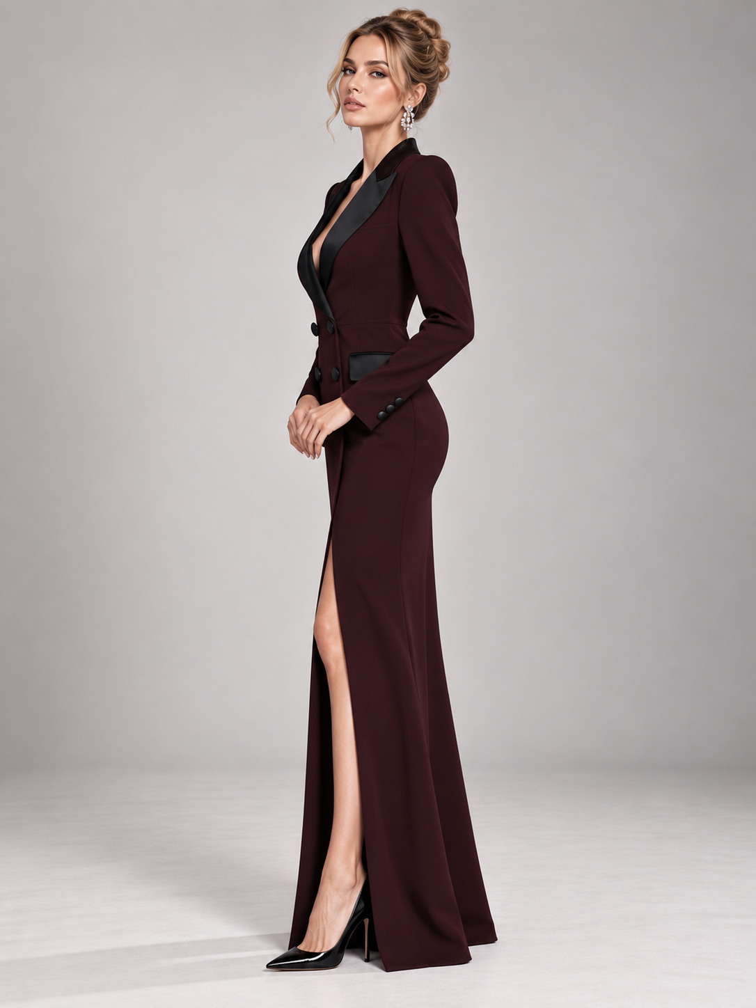 Burgundy Satin Peak Lapel Blazer Dress