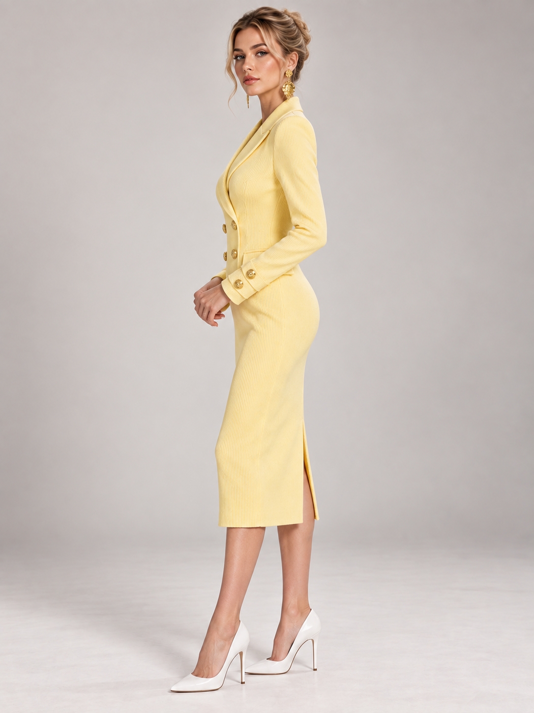 Yellow Corduroy Peak Lapel Blazer Dress