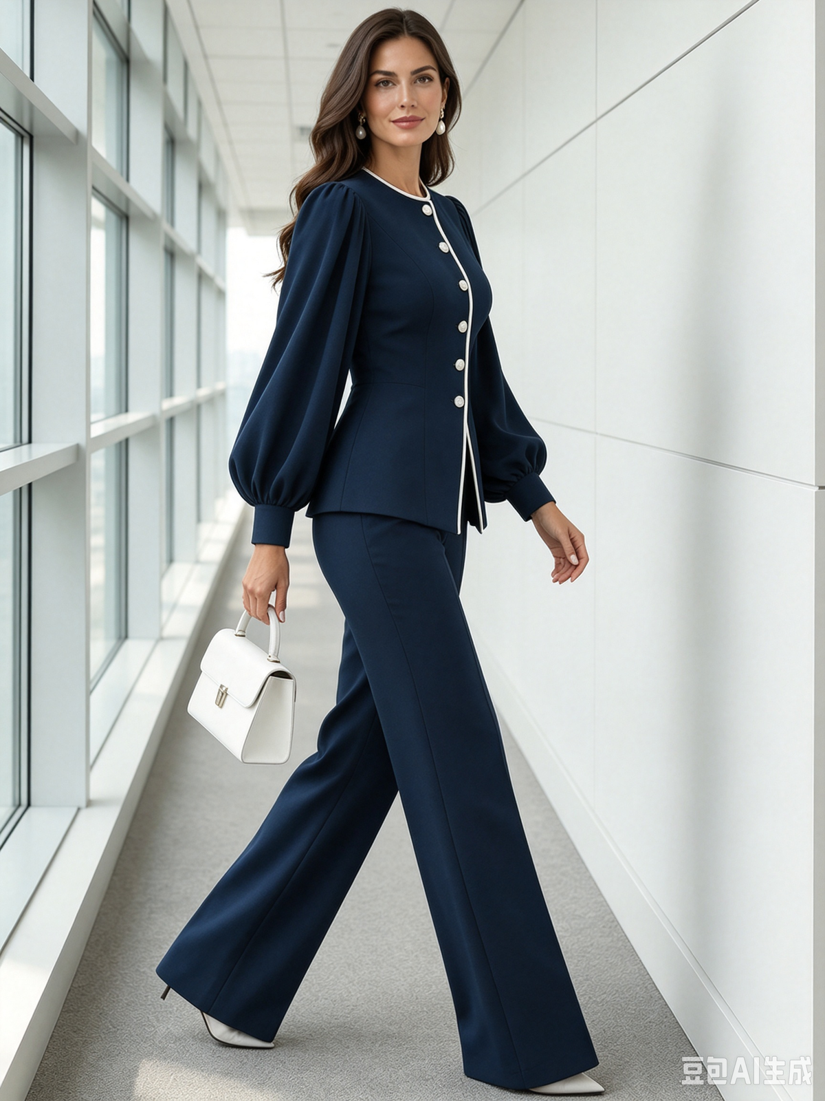 Navy Round Neck Balloon Sleeve Peplum Blazer And Wide Leg Pants 2-Piece Suit