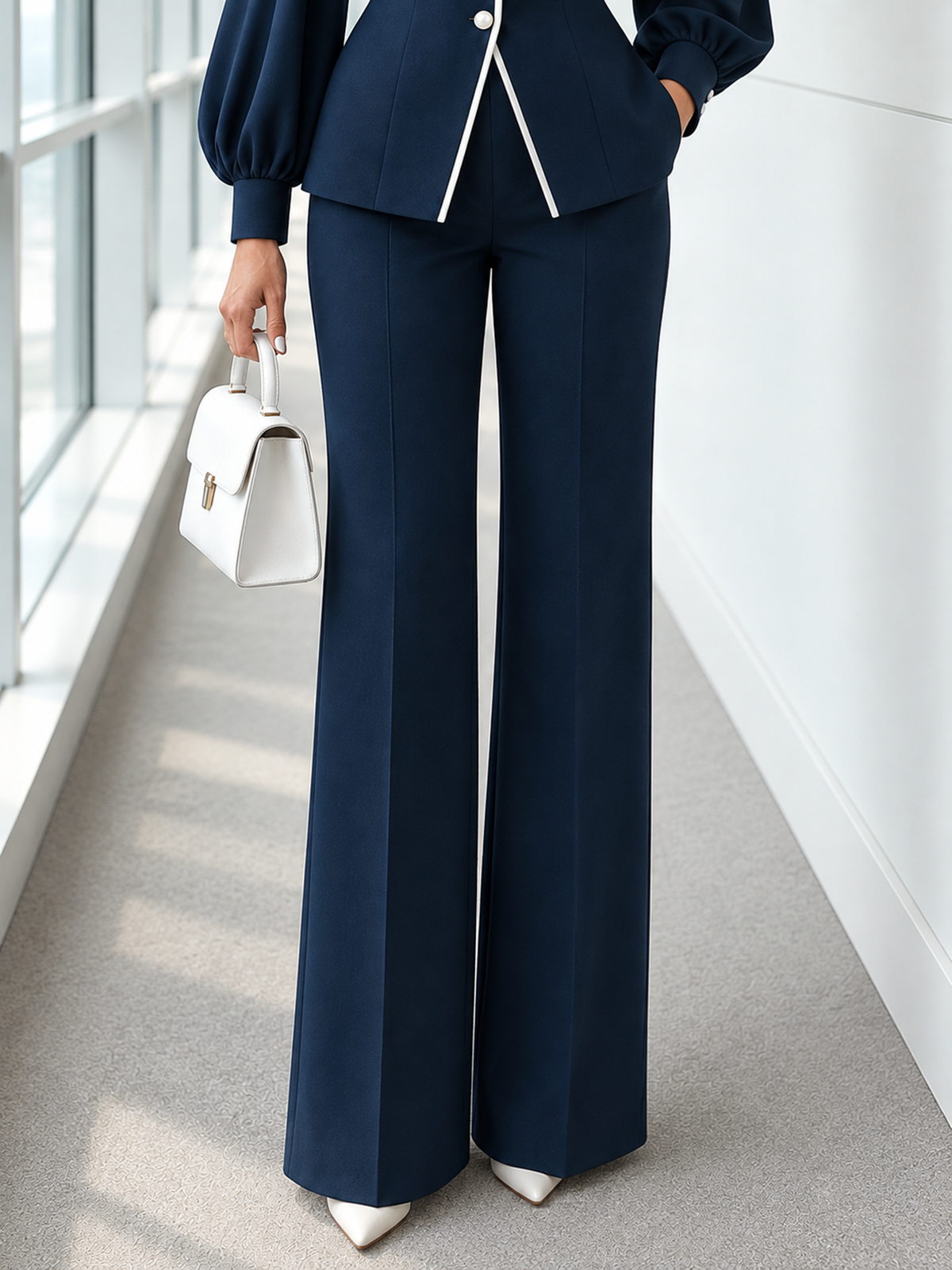 Navy Round Neck Balloon Sleeve Peplum Blazer And Wide Leg Pants 2-Piece Suit