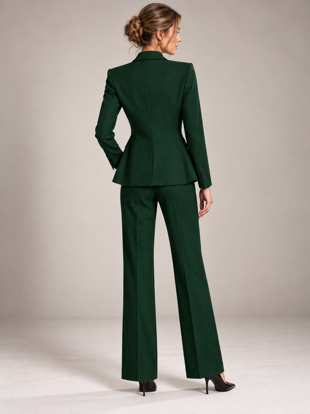 Green Peak Lapel Blazer & Vast And Straight Leg Flared Pants 3-Piece Suit