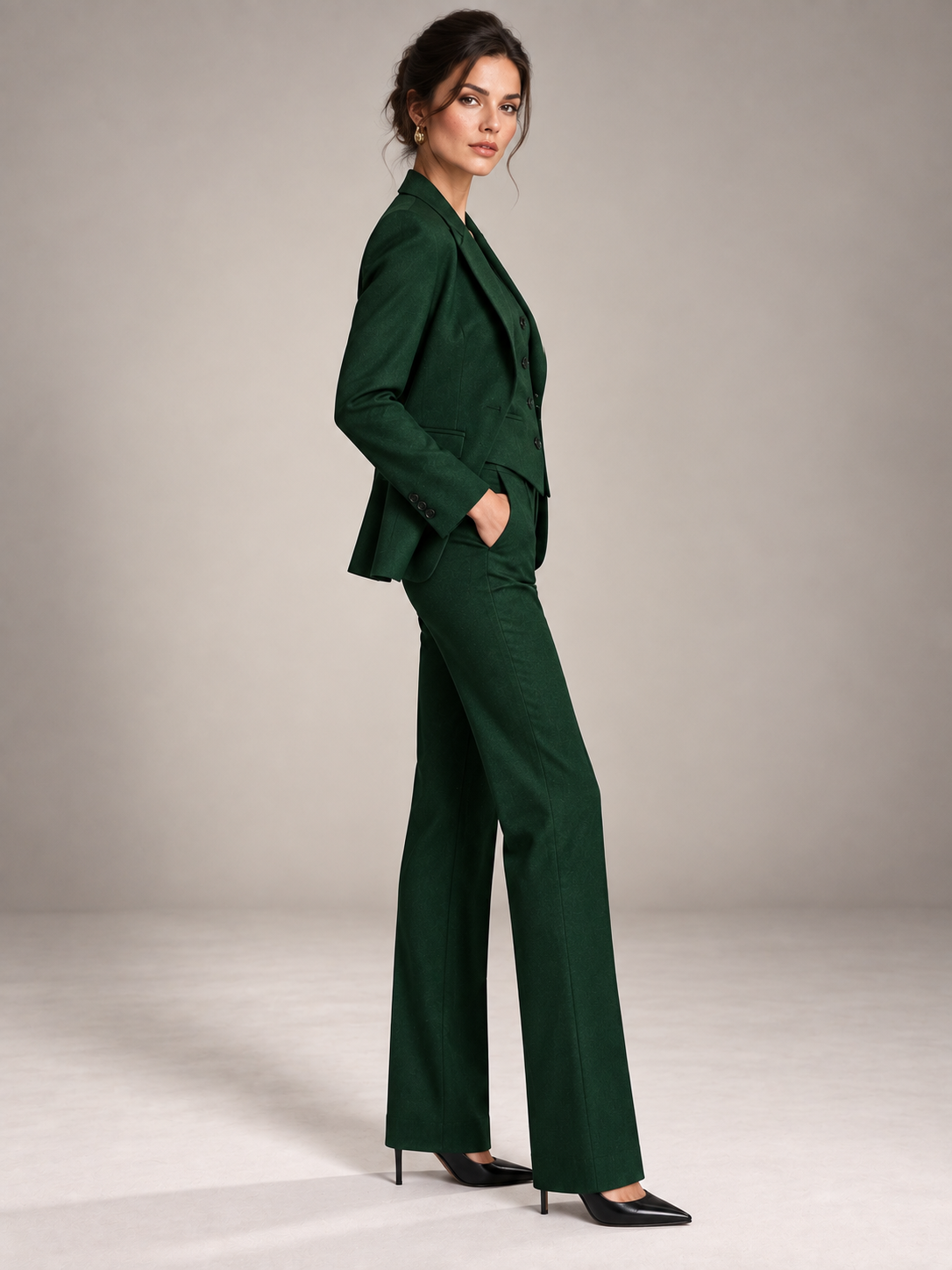 Green Peak Lapel Blazer & Vast And Straight Leg Flared Pants 3-Piece Suit