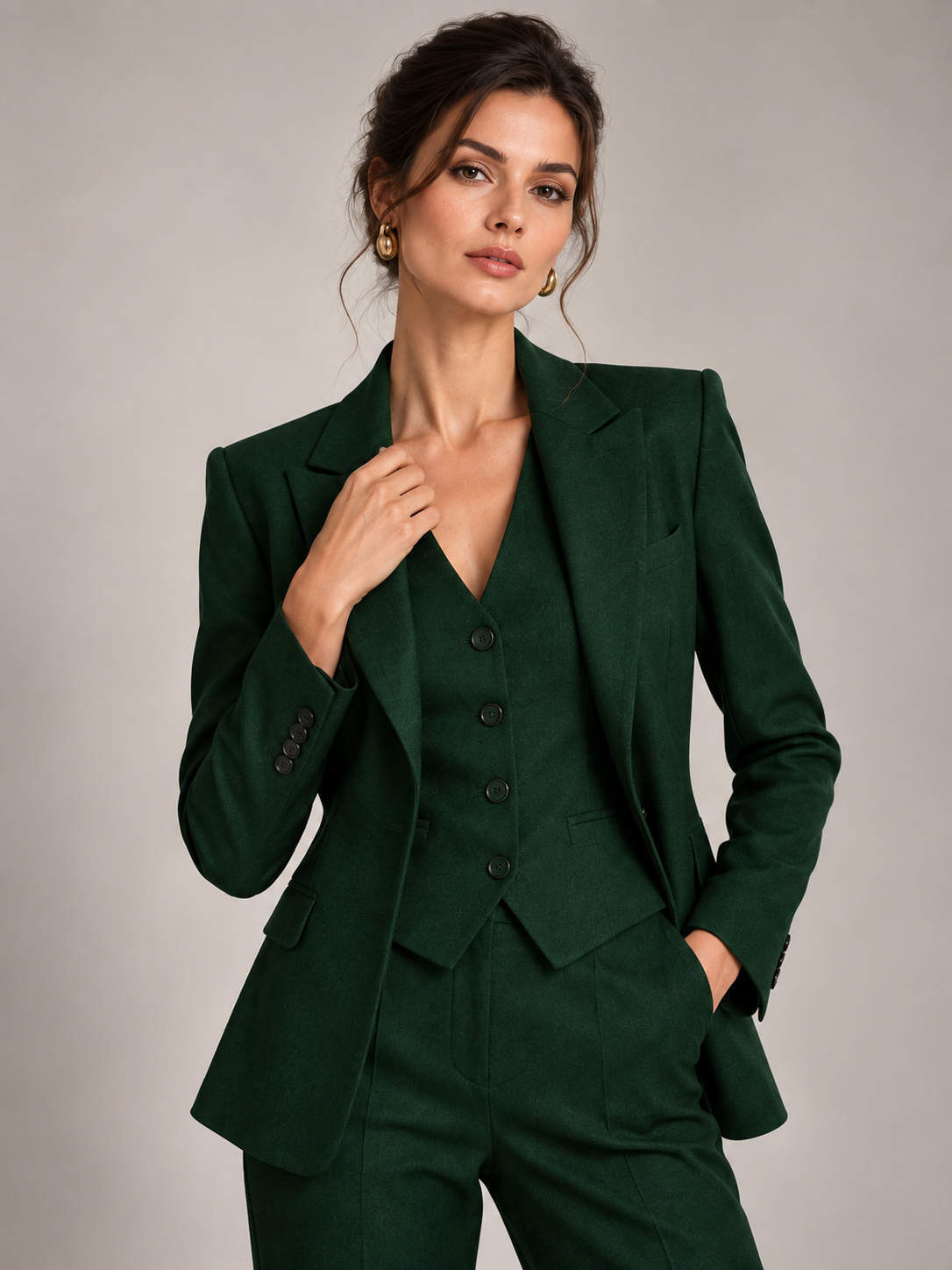 Green Peak Lapel Blazer & Vast And Straight Leg Flared Pants 3-Piece Suit