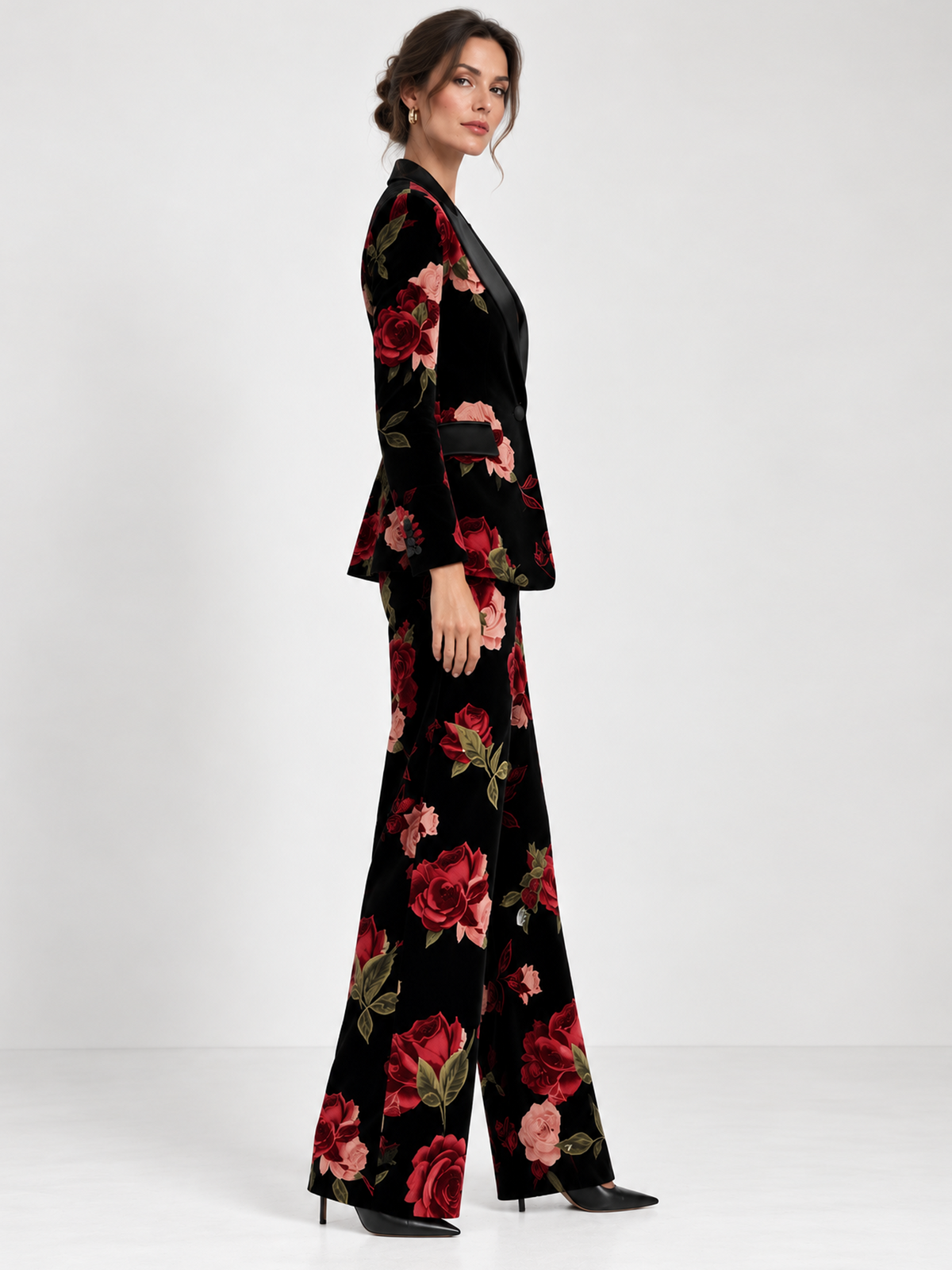 Black Floral Single Breasted Blazer With Satin Peak Lapels And Wide Leg Pants 2-Piece Suit