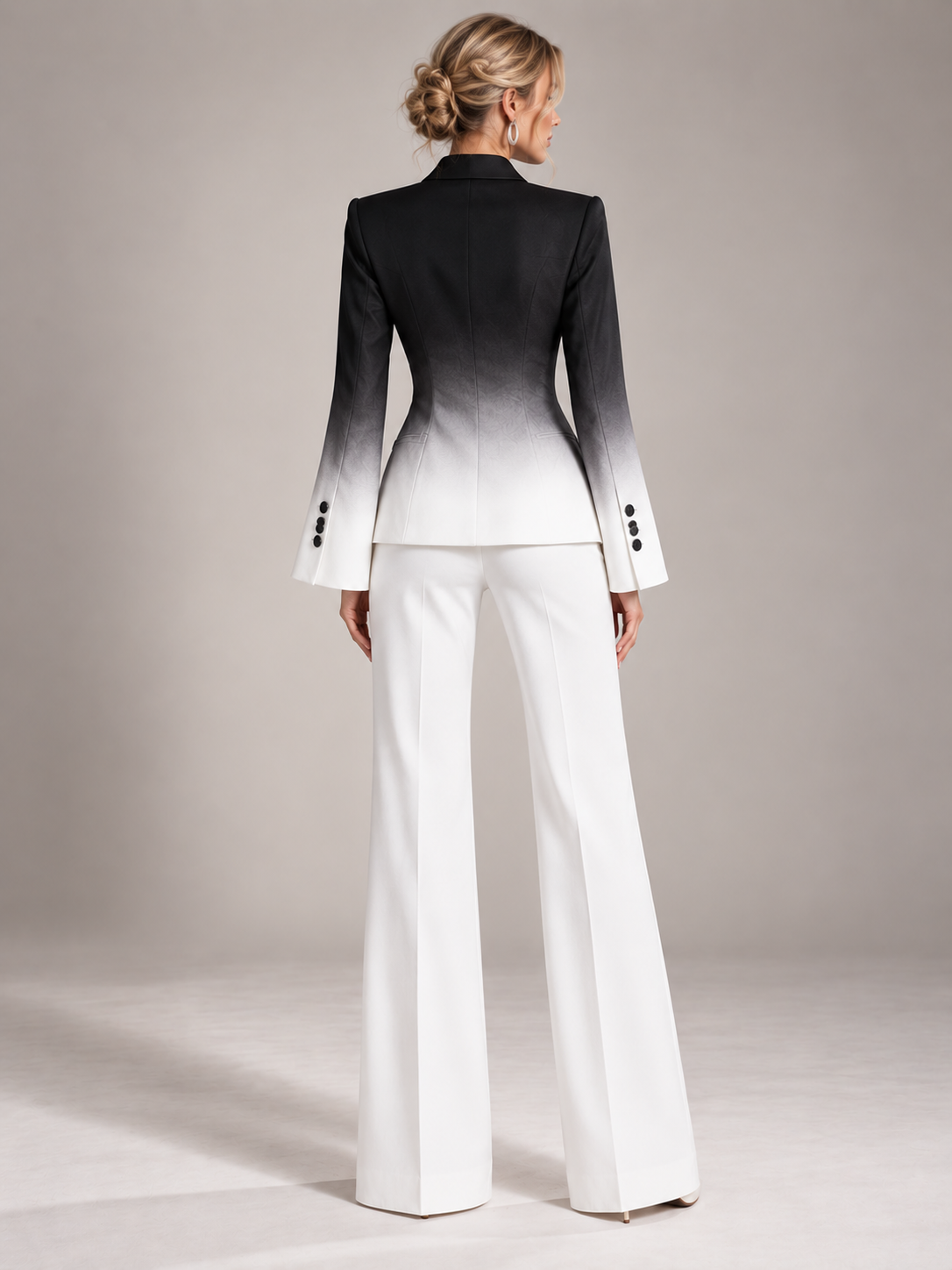 Black And White Gradient Blazer With Peak Lapels And Wide Leg Flared Pants 2-Piece Suit