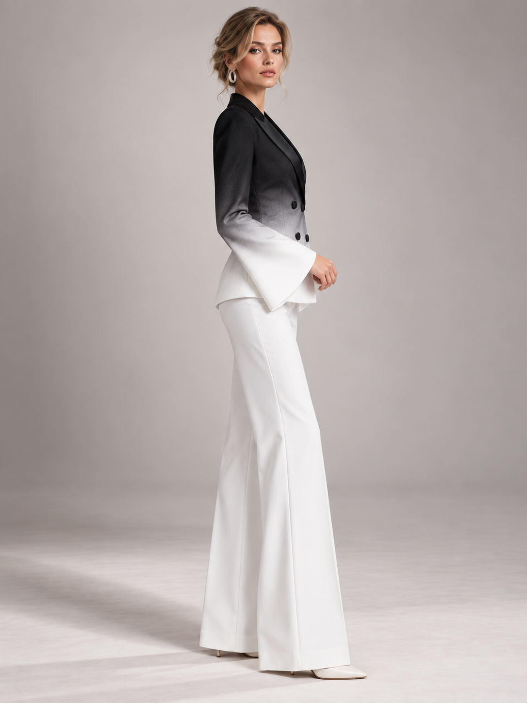 Black And White Gradient Blazer With Peak Lapels And Wide Leg Flared Pants 2-Piece Suit