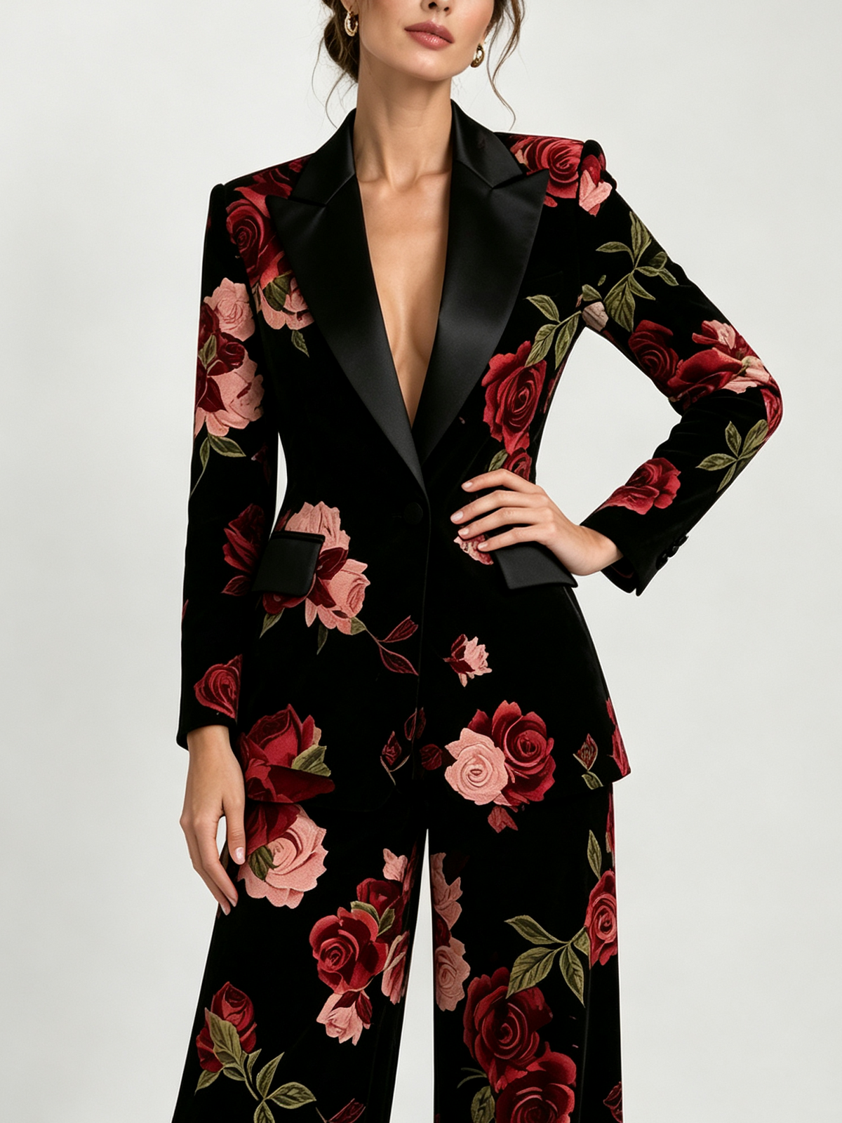 Black Floral Single Breasted Blazer With Satin Peak Lapels And Wide Leg Pants 2-Piece Suit