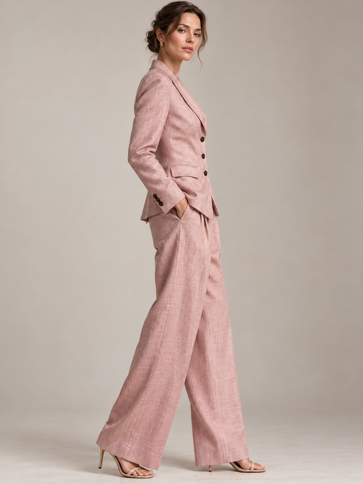 Blush Pink Linen Blend Single Breasted Blazer With Peak Lapels And Wide Leg Pants 2-Piece Suit