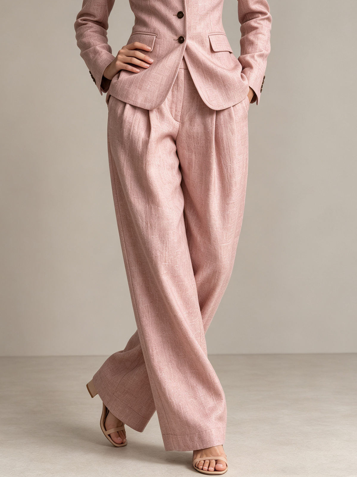 Blush Pink Linen Blend Single Breasted Blazer With Peak Lapels And Wide Leg Pants 2-Piece Suit