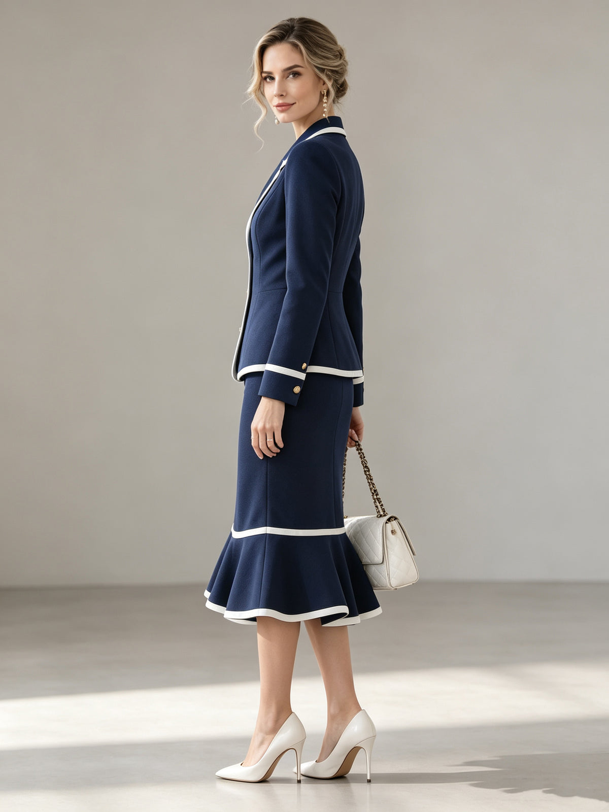 Navy Notched Lapel With White Piping Blazer And Flared Midi Skirt 2-Piece Suit