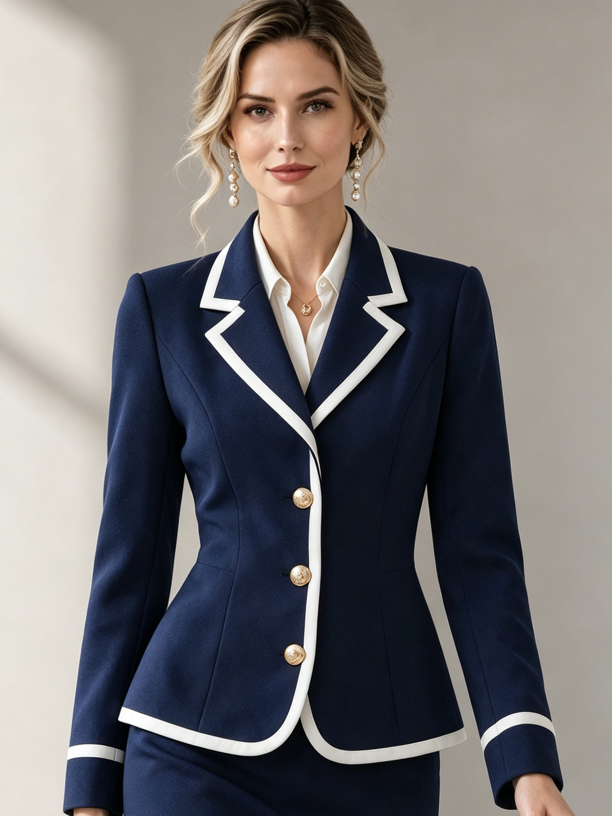 Navy Notched Lapel With White Piping Blazer And Flared Midi Skirt 2-Piece Suit