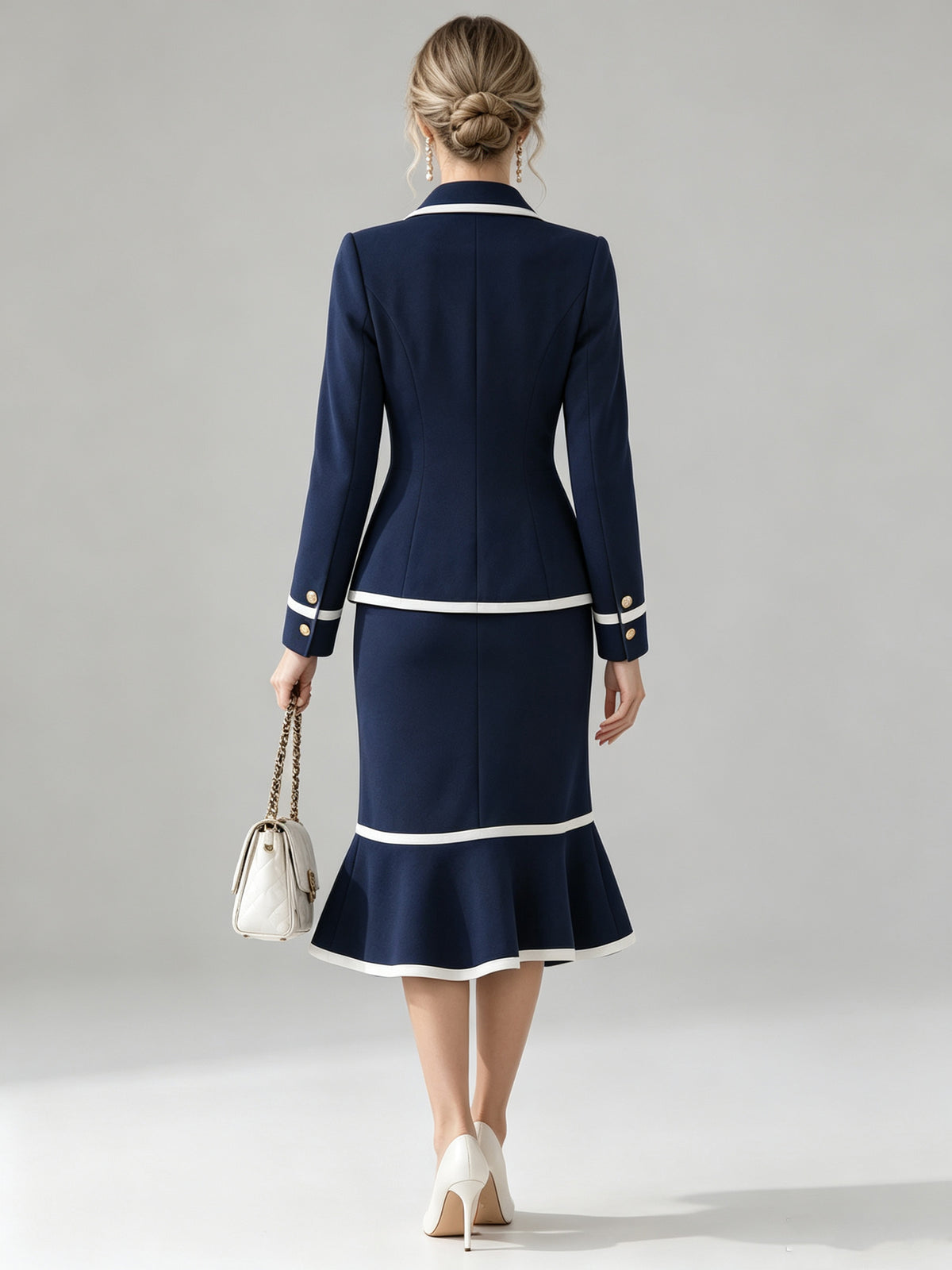 Navy Notched Lapel With White Piping Blazer And Flared Midi Skirt 2-Piece Suit