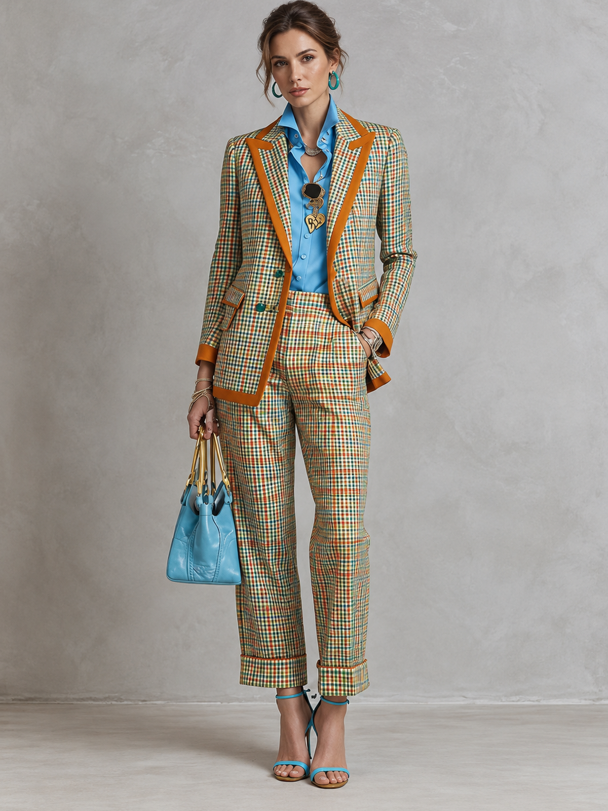 Vintage Multicolor Plaid Single Breasted Blazer With Peak Lapel And High Waist Cropped Pants 2-Piece Suit