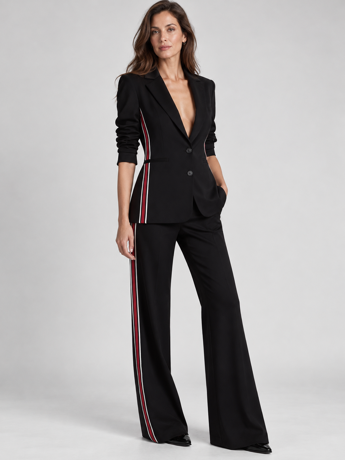 Black Single Breasted Blazer With Notch Lapel And High Waist Flare Pants 2-Piece Suit