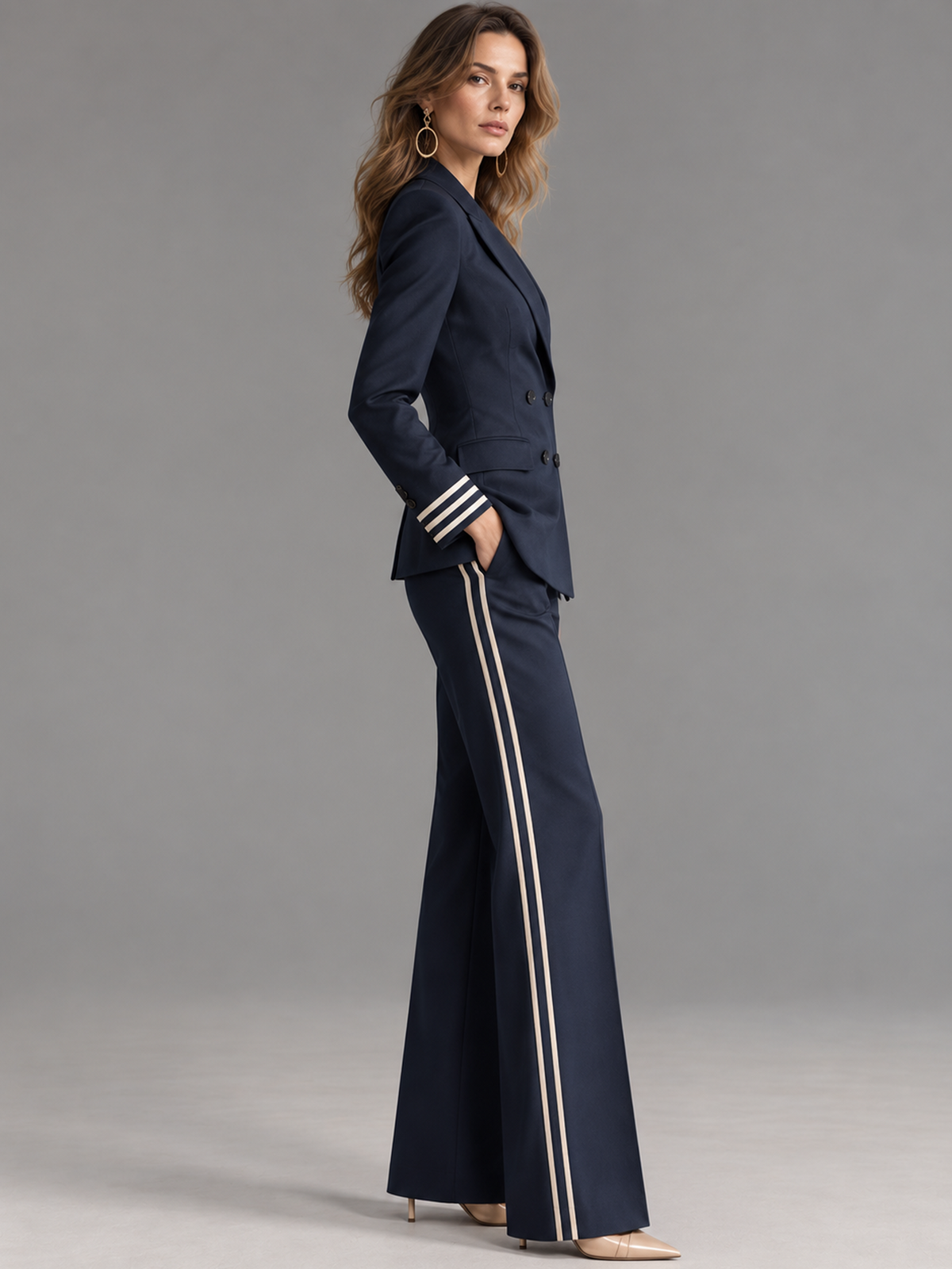 Navy Double Breasted Blazer With Peak Lapel And High Waist Wide Leg Pants 2-Piece Suit
