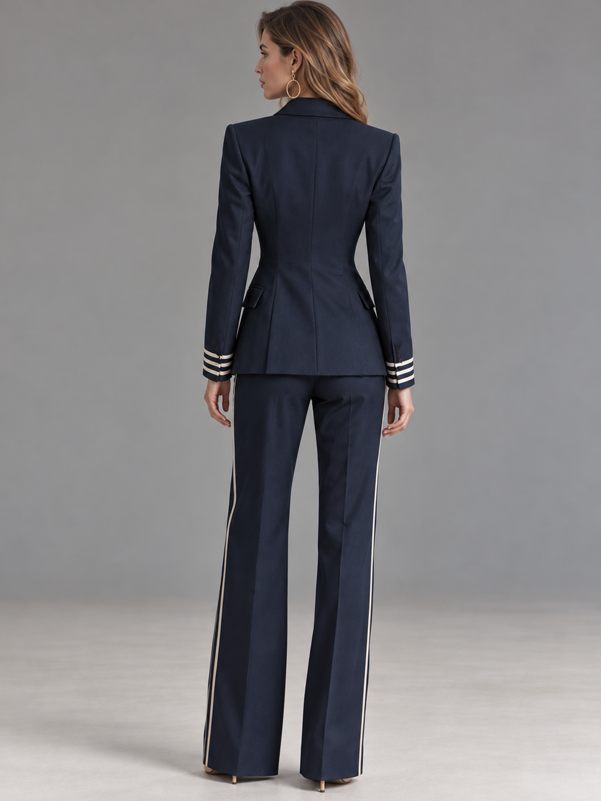 Navy Double Breasted Blazer With Peak Lapel And High Waist Wide Leg Pants 2-Piece Suit