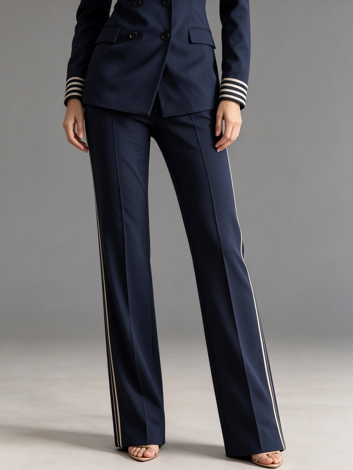 Navy Double Breasted Blazer With Peak Lapel And High Waist Wide Leg Pants 2-Piece Suit