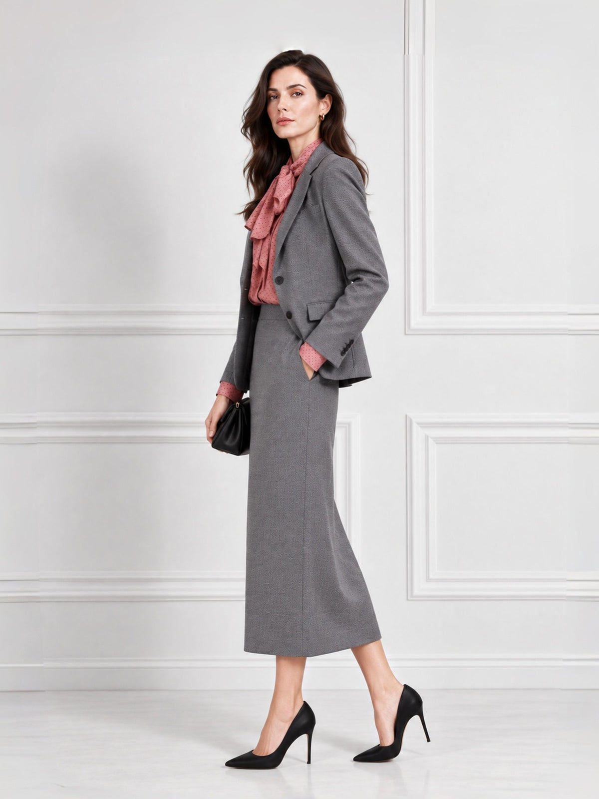 Grey Notch Lapel Blazer & Bodycon Midi Skirt Single Breasted Two Button 2-Piece Suit