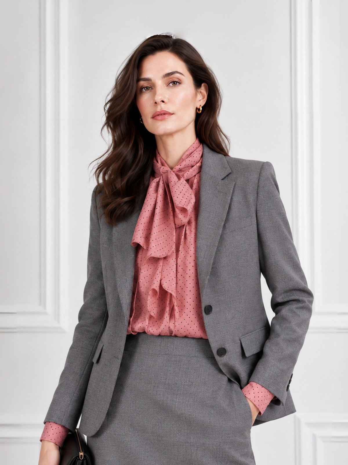 Grey Notch Lapel Blazer & Bodycon Midi Skirt Single Breasted Two Button 2-Piece Suit