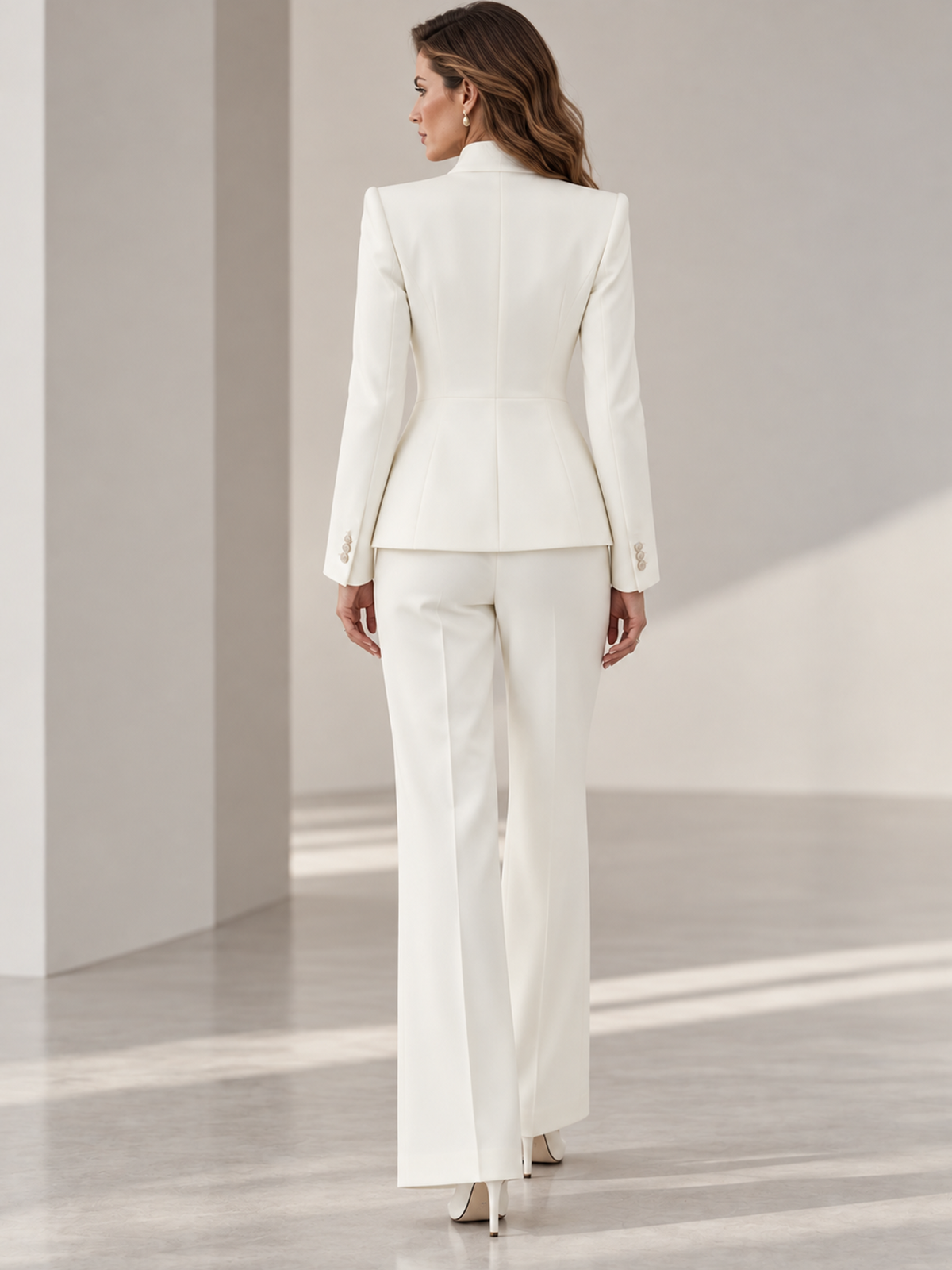White Blazer With Stand Collar And High Waist Wide Leg Pants 2-Piece Suit